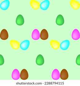 multi-colored painted Easter eggs on a delicate light green background. Vector seamless pattern.