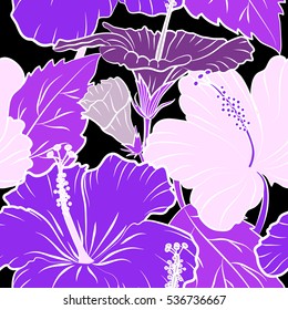 Multicolored painting with abstract flowers, leaves and buds. Vector seamless pattern on black background. Multicolor floral background.