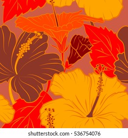 Multicolored painting with abstract flowers, leaves and buds. Vector on orange background. Multicolor floral background.