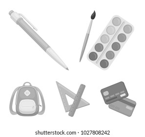 Multicolored paints with a tassel, pen, triangle and ruler, satchel, briefcase. School and education set collection icons in monochrome style vector symbol stock illustration web.