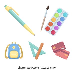 Multicolored paints with a tassel, pen, triangle and ruler, satchel, briefcase. School and education set collection icons in cartoon style vector symbol stock illustration web.