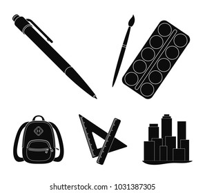 Multicolored paints with a tassel, pen, triangle and ruler, satchel, briefcase. School and education set collection icons in black style vector symbol stock illustration web.