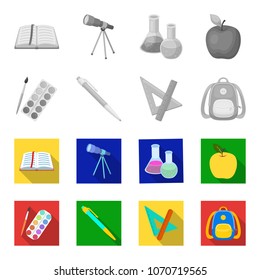 Multicolored paints with a tassel, pen, triangle and ruler, satchel, briefcase. School and education set collection icons in monochrome,flat style vector symbol stock illustration web.