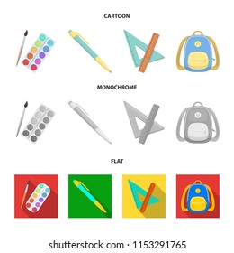 Multicolored paints with a tassel, pen, triangle and ruler, satchel, briefcase. School and education set collection icons in cartoon,flat,monochrome style vector symbol stock illustration web.