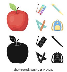 Multicolored paints with a tassel, pen, triangle and ruler, satchel, briefcase. School and education set collection icons in cartoon,black style vector symbol stock illustration web.