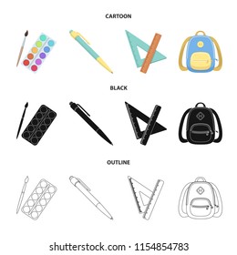 Multicolored paints with a tassel, pen, triangle and ruler, satchel, briefcase. School and education set collection icons in cartoon,black,outline style vector symbol stock illustration web.
