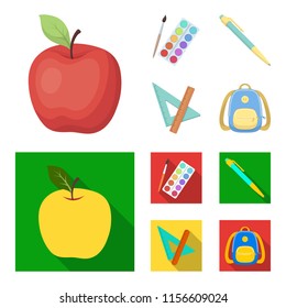 Multicolored paints with a tassel, pen, triangle and ruler, satchel, briefcase. School and education set collection icons in cartoon,flat style vector symbol stock illustration web.