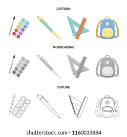 Multicolored paints with a tassel, pen, triangle and ruler, satchel, briefcase. School and education set collection icons in cartoon,outline,monochrome style vector symbol stock illustration web.