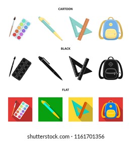 Multicolored paints with a tassel, pen, triangle and ruler, satchel, briefcase. School and education set collection icons in cartoon,black,flat style vector symbol stock illustration web.