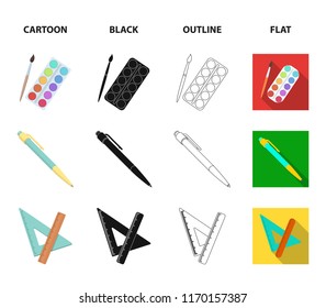 Multicolored paints with a tassel, pen, triangle and ruler, satchel, briefcase. School and education set collection icons in cartoon,black,outline,flat style vector symbol stock illustration web.