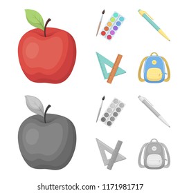 Multicolored paints with a tassel, pen, triangle and ruler, satchel, briefcase. School and education set collection icons in cartoon,monochrome style vector symbol stock illustration web.
