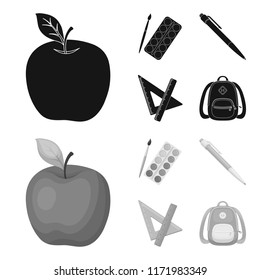 Multicolored paints with a tassel, pen, triangle and ruler, satchel, briefcase. School and education set collection icons in black,monochrome style vector symbol stock illustration web.