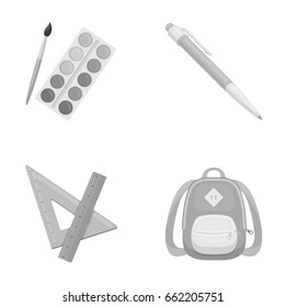 Multicolored paints with a tassel, pen, triangle and ruler, satchel, briefcase. School and education set collection icons in monochrome style vector symbol stock illustration web.