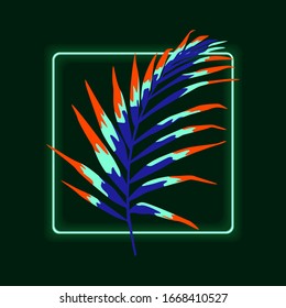 Multicolored palm leaf.  Neon backlight on green background