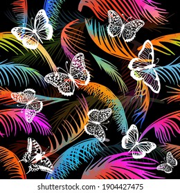 multicolored palm leaves with butterflies. Seamless background. Vector illustration