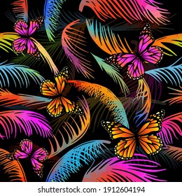 multicolored palm leaves with butterflies. Seamless background. Vector illustration