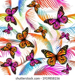 multicolored palm leaves with butterflies. Seamless background. Vector illustration