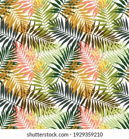 multicolored palm leaves on white background vector seamless pattern