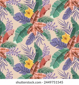 Multi-colored palm leaves in a pattern.Vector seamless pattern with colored palm leaves and yellow flowers on a colored background.