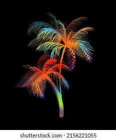 Multicolored palm tree on a black background. Vector illustration