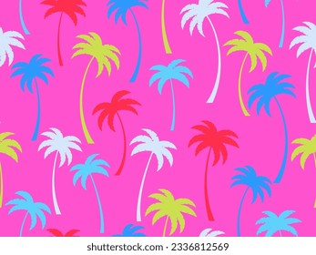 Multicolored palm trees seamless pattern. Tropical palm trees with curved tree trunks of different colors on a pink background. Design for printing t-shirts, banners and poster. Vector illustration