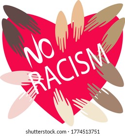 Multi-colored palms on a big red heart. The inscription NO RACISM. The concept of unity of races and peoples. Skin color discrimination. Poster. Print