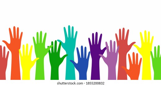 Multicolored palms raised up in the color of the rainbow. The sign of equality, against racism. Vector illustration