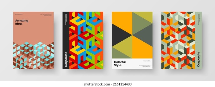 Multicolored pamphlet A4 vector design concept composition. Trendy mosaic tiles company brochure layout bundle.