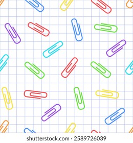 Multicolored paper clips on checkered notebook background. Vector seamless pattern.