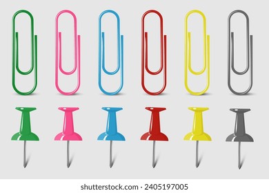 Multi-colored paper clips and pins in a set on a light background. Vector illustration.