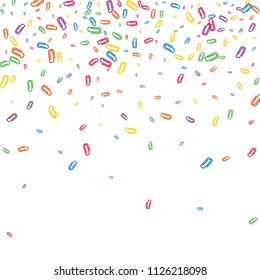 Multicolored paper clips are scattered on a white background. Multicolored pattern. Vector illustration.