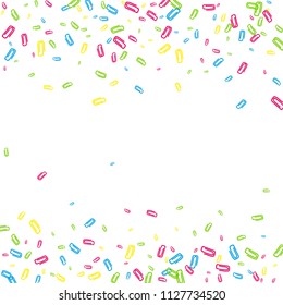 Multicolored paper clips are scattered on a white background. Multicolored pattern. Vector illustration.