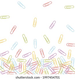
Multi-colored paper clips. Staples are falling. Vector image. Office image. Background.