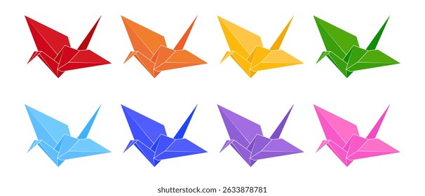 Multicolored paper cranes set. Paper cranes in rainbow colors. Origami flying bird symbol. Vector illustration