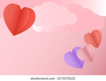 Multicolored paper hearts floating in the bright sky