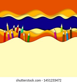Multicolored paper layers. Crayons - colored pencil set loosely arranged. Vector illustration in paper cut style. 