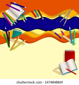 Multicolored paper layers. Crayons - colored pencil set loosely arranged. Open textbook, books and pencils.  Vector illustration in paper cut style. 