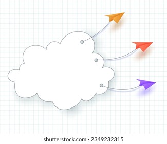 Multi-colored paper planes fly with a cloud against the background of a checkered notebook. Template for your information.