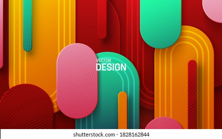 Multicolored papercut background. Vector 3d illustration. Abstract geometric layered background. Paper shapes textured with patterns. Minimalist cover design