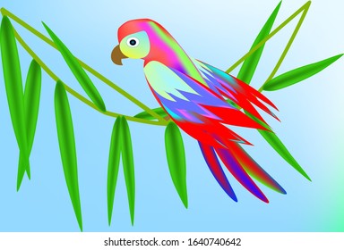 multi-colored parrot with half-spread wings, sitting on a branch like a liana, against the sky