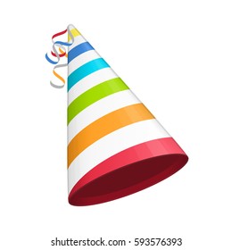 Multicolored Party Hat With White Lines. Accessory, Symbol Of The Holiday. Birthday Colorful Cap Vector Illustration. EPS 10.