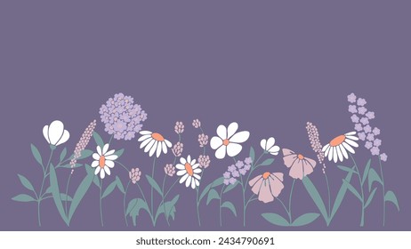 Multicolored pastel botanic pattern of flowers, plants in flat style. Elegant, aesthetic, stylish hand drawing doodles of vector vintage botanical elements.