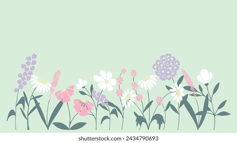 Multicolored pastel botanic pattern of flowers, plants in flat style. Elegant, aesthetic, stylish hand drawing doodles of vector vintage botanical elements.  