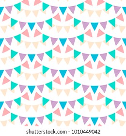 Multicolored pastel buntings garlands isolated on white background. Vector seamless pattern in flat style. Design elements for decoration of greetings cards, invitations, posters, banners, wrapping