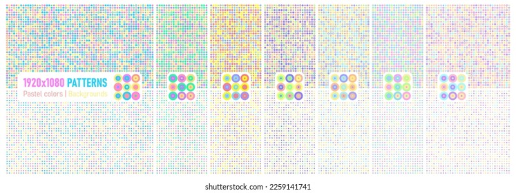 Colores pastel multicolores, pequeños círculos con múltiples combinaciones de colores aleatorios. 1920x1080 dimensiones con 2 variaciones de patrón.
