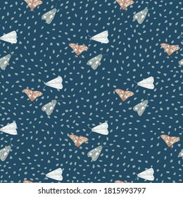 Multicolored pastel night moth seamless pattern. Insect stylized ornament with navy blue dotted background. Backdrop for wallpaper, textile, wrapping paper, fabric print. Vector illustration.