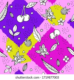 multi-colored pattern with berries, fruits and flowers