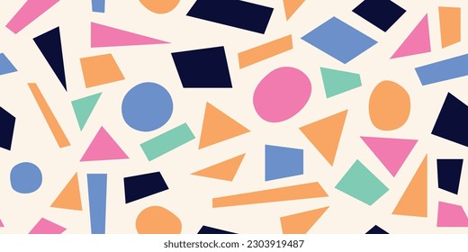 Multicolored pattern with circles, rectangles, and triangles. Colored geometric shapes in a seamless pattern.