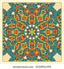 Multi-colored pattern with concentric fantasy ornament. Design for neckerchief, bandana, wall decoration or other project. Version No. 3. Vector illustration