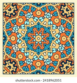 Multi-colored pattern with concentric fantasy ornament. Design for neckerchief, bandana, wall decoration or other project. Vector illustration